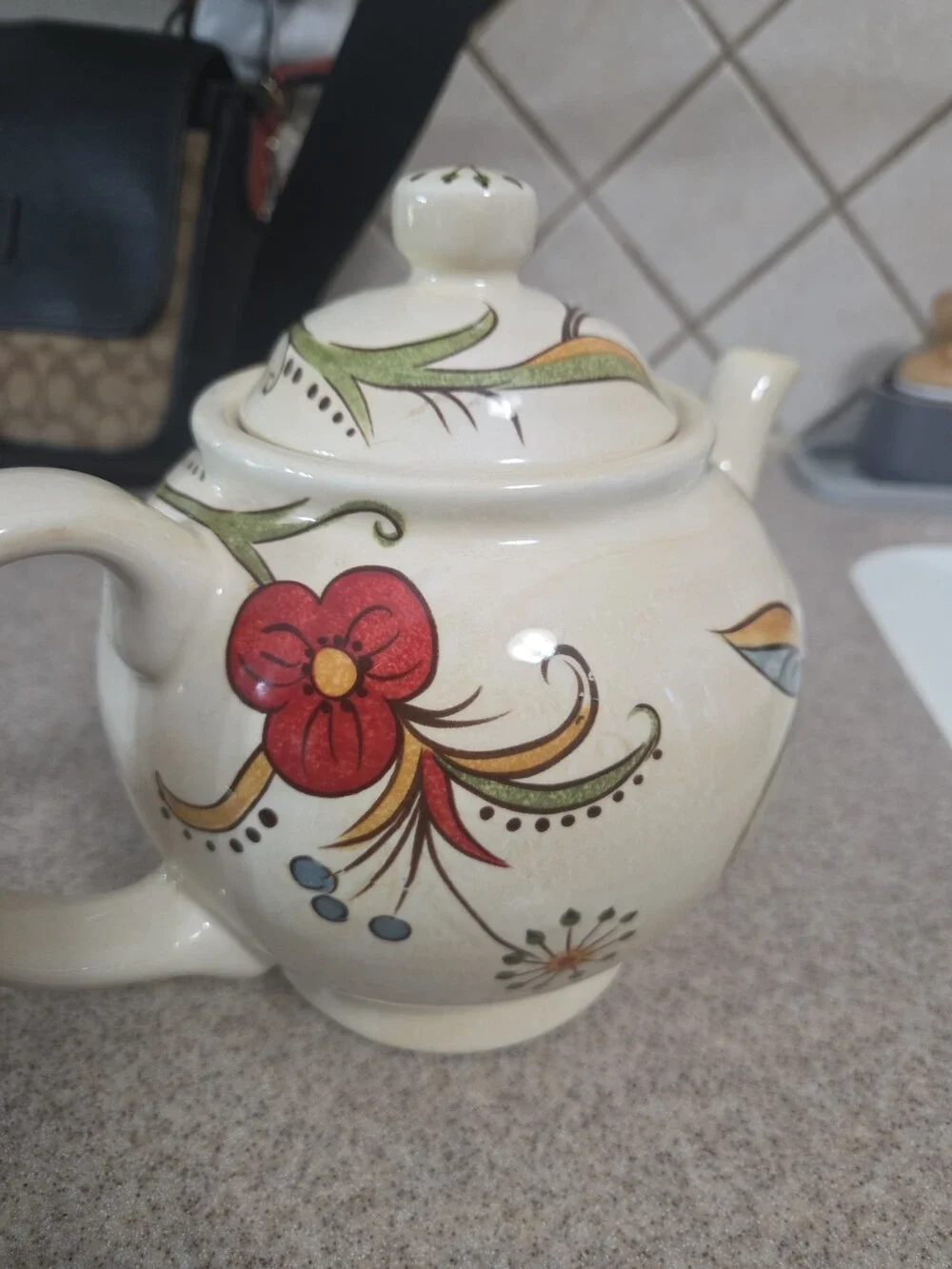 Pier 1 Imports Ceramic Teapot Floral Red Yellow Green Used